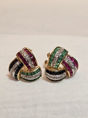14k Gold Earrings With Emeralds Rubies Sapphires And Diamonds
