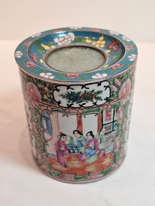Chinese Export Hand Painted Tea Jar With Jade Inlaid Top