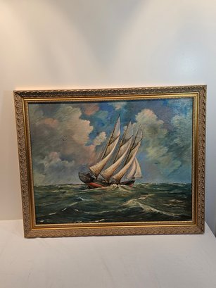 Oil On Board Nautical Sailboat Painting