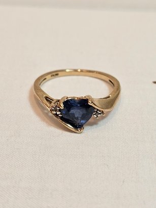 10k Gold Ring With Heart Shaped Sapphires And Diamonds
