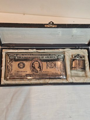 Vintage $100 Bill Cigarette Case And Lighter Combo