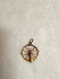 Antique 14k Gold With Ruby And Diamond Spider Pendant