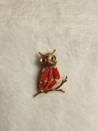 14k Gold With Sapphires And Red Carnelian Owl Brooch