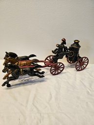 Hubley Cast Iron Firefighter On Horse Drawn Pumper