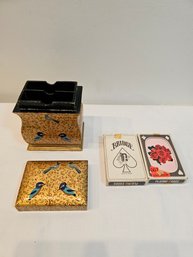 Painted Wooden Card Box With Vintage Plating Cards