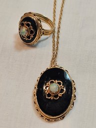 14k Gold With Onyx And Opal Ring And Necklace Combo