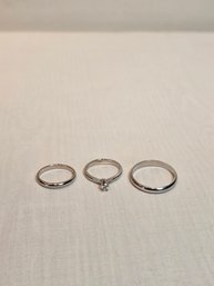 Three 14k White Gold Rings One With Small Diamond