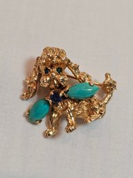 Vintage 14k Gold Poodle Brooch With Sapphire Emerald And Turquoise