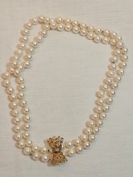 Elegant String Of Genuine Pearls With 14k And Diamonds Gold Choker Clasp