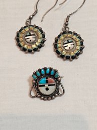 Antique Native American Sterling Earrings And Brooch