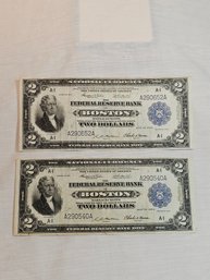 Pair Of 1914 Two Dollar Bills Series Of 1918 Boston Federal Reserve Bank