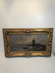 Late 1800s Dutch School Windmill Oil Painting