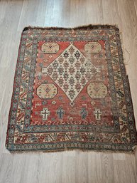 Antique Handwoven Knotted Caucasian Rug With Wear