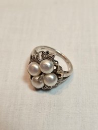 Sterling With 14k Gold Pearls And Diamonds Ring