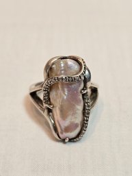 Sterling With Cultured Pearl And Small Diamonds Ring