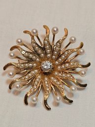 Antique 14k Gold Brooch With Pearls And Near Flawless Diamond