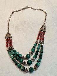 Native American Made Sterling Carnelian And Malachite Necklace