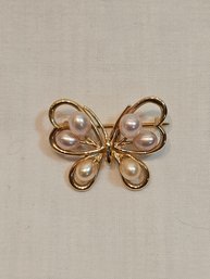 14k Gold Butterfly Brooch With Pearls