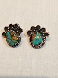 Native American Made Sterling And Turquoise Bear Paw Earrings