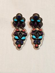 Native American Sterling And Stones Earrings Signed RM