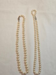 Pair Of Pearl Necklaces With 14k Gold Clasp