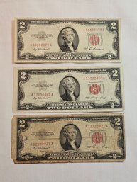 Lot Of 3 1953 Red Seal Two Dollar Bills