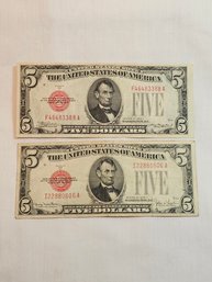 Pair Of Red Seal 1928 Five Dollar Bills