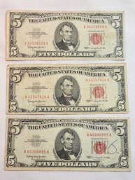 Lot Of 1963 Red Seal Five Dollar Bills