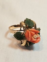 14k Gold With Jade And Coral Flower Ring