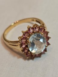 14k Gold Ring With Aquamarine And Pink Amethysts