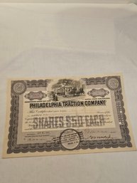 Philadelphia Traction Company 5 Shares Of Stock Certificate