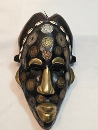 Hand Carved West African Wooden Mask With Coins