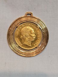 1915 Austrian Gold Coin Encased In 14k Pendant