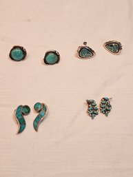 Native American Made Sterling And Turquoise Non Pierced Earrings Lot