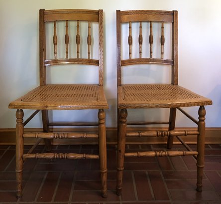 Pair Antique Oak Cane Seat Chairs