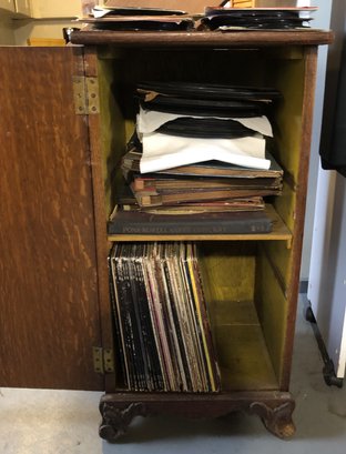 Antique Oak Record Cabinet W/ Records