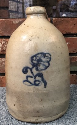 Antique Stoneware Crock W/ Blue Cobalt Flower
