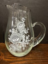 Large Glass Pitcher W/ White Floral Design