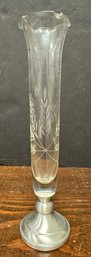 Vintage Wheat Etched Glass Vase W/ Web Pewter Base