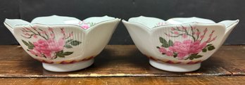 Pair Of Mingei Japan Handcrafted Porcelain Bowls - White W/ Pink Floral