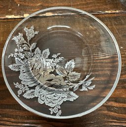 Vintage Glass Plate W/ Silver Floral Design