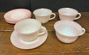 9 Piece Set Of FireKing Pink Swirl Teacups & Saucers