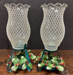 Pair Of Christmas Glass Candle Holders