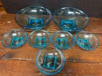 Set Of 7 Vintage Blue Glass Bowls
