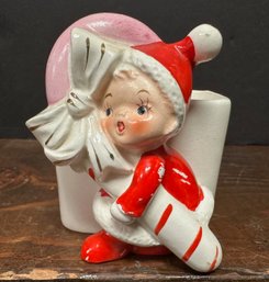 Ceramic Christmas Boy Holding Candy Cane Planter/trinket Dish