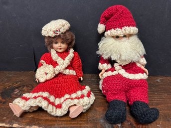 2 Vintage Hard Plastic Dolls With Crocheted Santa Suit & Dress