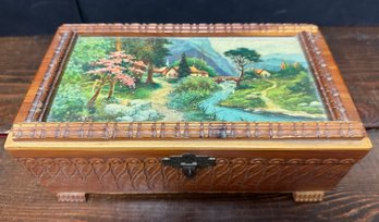 Vintage Carved Wooden Box With Landscape Top & Mirror Inside