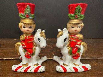 Pair Of Christmas Toy Soldiers On Horses Candle Holders