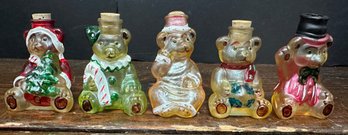 Lot Of 5 Glass Christmas Bears W/ Cork Stoppers