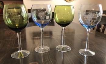 4 Color Etched Wine Glasses